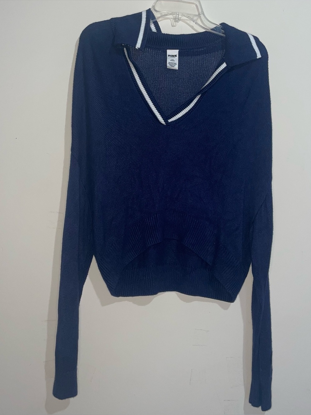 VS PINK Navy White Collared Cropped Knit Pullover Sweatshirt L Preppy